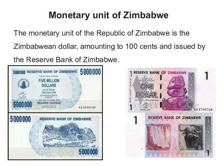 Monetary unit of Zimbabwe The monetary unit of the Republic of