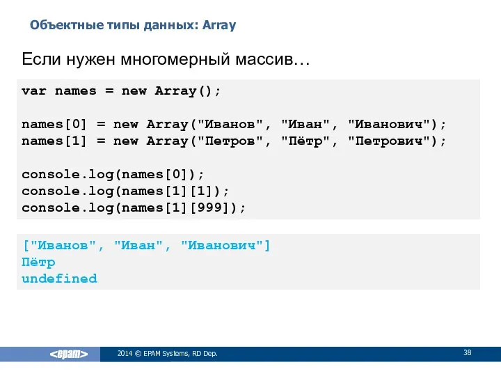 Объектные типы данных: Array 2014 © EPAM Systems, RD Dep. Если