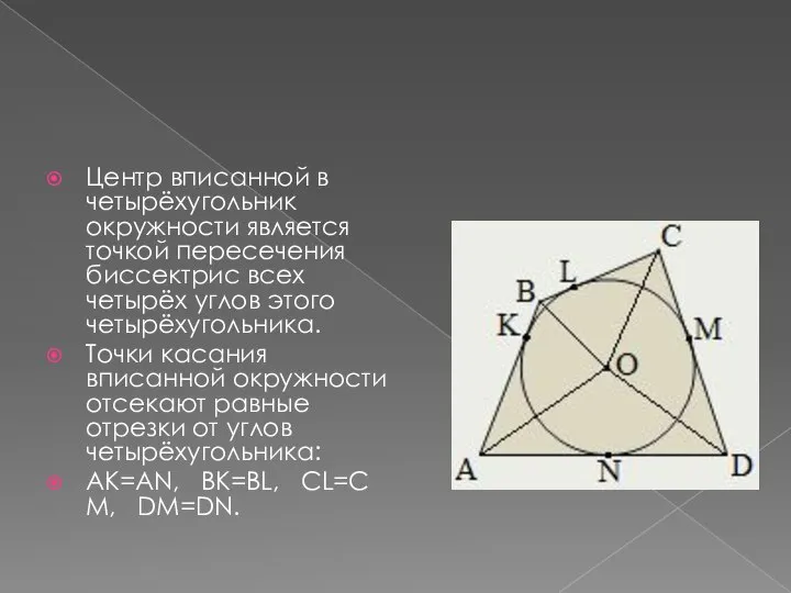 Центр вписанной в четырёхугольник окружности является точкой пересечения биссектрис всех четырёх