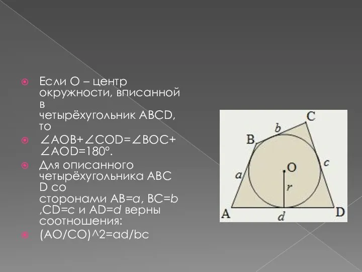 Если O – центр окружности, вписанной в четырёхугольник ABCD, то ∠AOB+∠COD=∠BOC+∠AOD=180°.