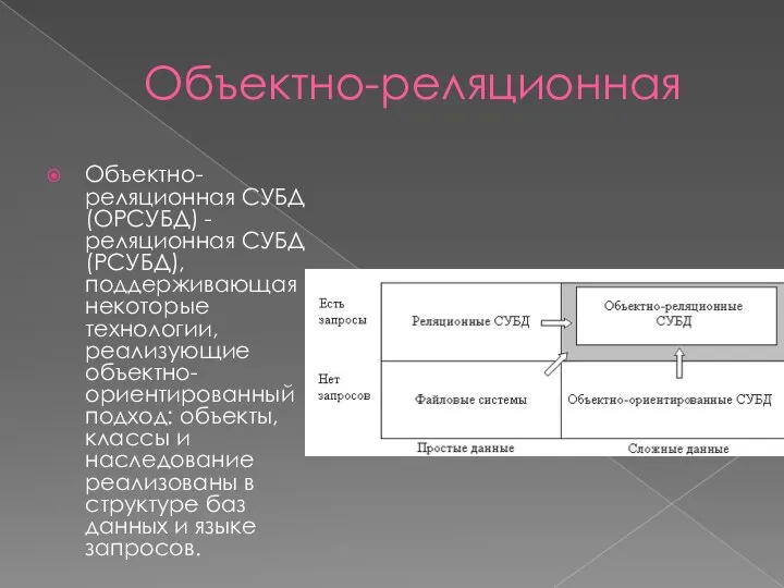 Объектно-реляционная Объектно-реляционная СУБД (ОРСУБД) - реляционная СУБД (РСУБД), поддерживающая некоторые технологии,