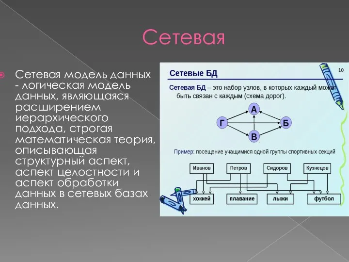 Сетевая Сетевая модель данных - логическая модель данных, являющаяся расширением иерархического