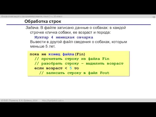 Обработка строк Задача. В файле записано данные о собаках: в каждой