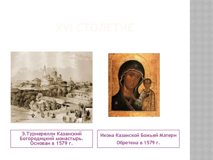 XVI СТОЛЕТИЕ Э.Турнерелли Казанский Богородицкий монастырь. Основан в 1579 г. Икона