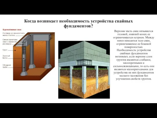 Когда возникает необходимость устройства свайных фундаментов? Верхняя часть сваи называется головой,