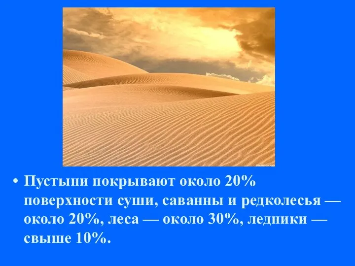 Пустыни покрывают около 20% поверхности суши, саванны и редколесья — около