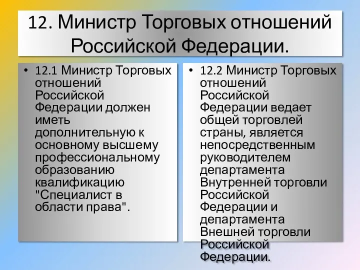 12. Министр Торговых отношений Российской Федерации. 12.1 Министр Торговых отношений Российской