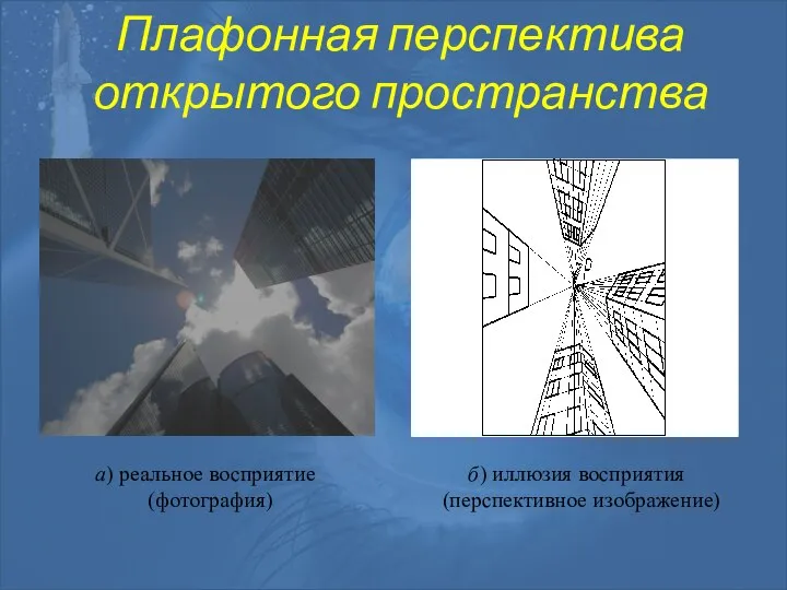 Плафонная перспектива открытого пространства а) реальное восприятие б) иллюзия восприятия (фотография) (перспективное изображение)