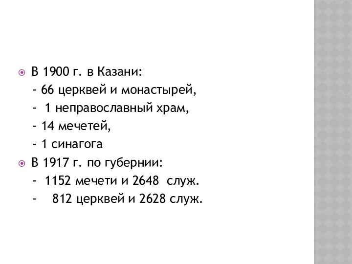 В 1900 г. в Казани: - 66 церквей и монастырей, -