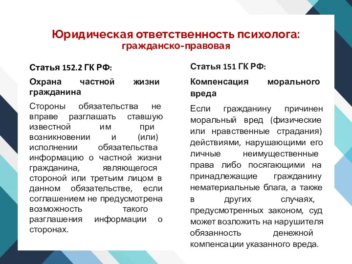 Юридическая ответственность психолога: гражданско-правовая Статья 152.2 ГК РФ: Охрана частной жизни