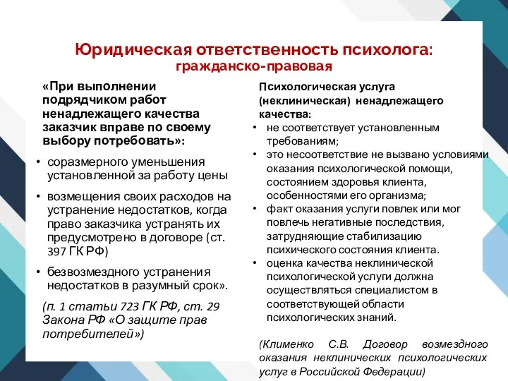 Юридическая ответственность психолога: гражданско-правовая «При выполнении подрядчиком работ ненадлежащего качества заказчик