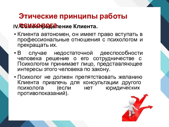 IV. Самоопределение Клиента. Клиента автономен, он имеет право вступать в профессиональные