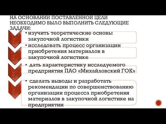 НА ОСНОВАНИИ ПОСТАВЛЕННОЙ ЦЕЛИ НЕОБХОДИМО БЫЛО ВЫПОЛНИТЬ СЛЕДУЮЩИЕ ЗАДАЧИ: