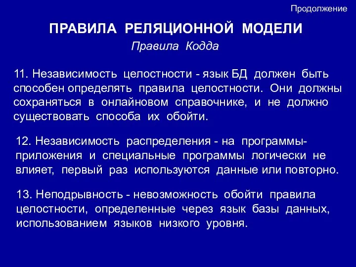 ПРАВИЛА РЕЛЯЦИОННОЙ МОДЕЛИ Правила Кодда Продолжение 11. Независимость целостности - язык