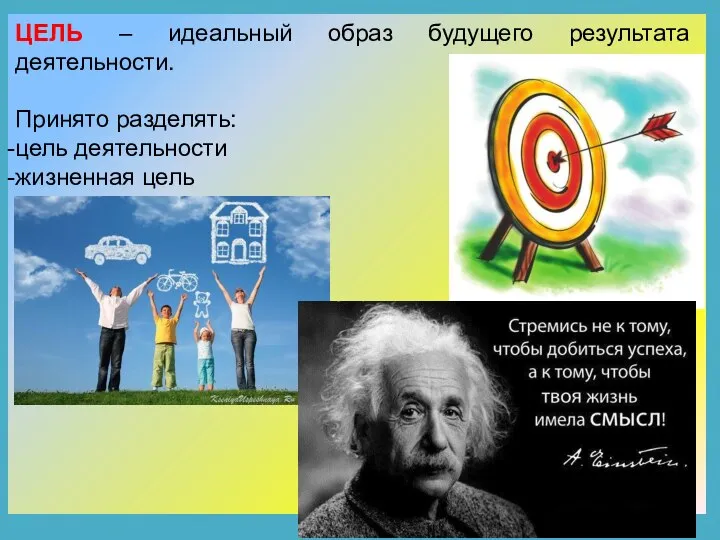 ЦЕЛЬ – идеальный образ будущего результата деятельности. Принято разделять: цель деятельности жизненная цель