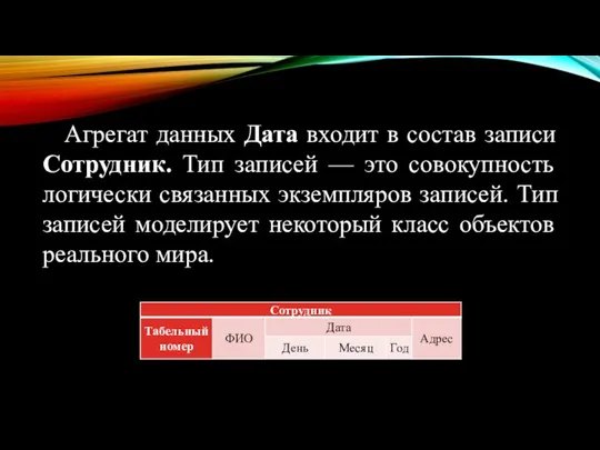 Агрегат данных Дата входит в состав записи Сотрудник. Тип записей —