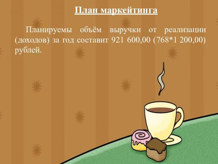 План маркейтинга Планируемы объём выручки от реализации (доходов) за год составит 921 600,00 (768*1 200,00) рублей.