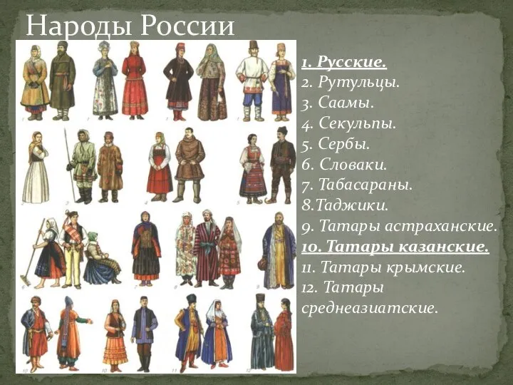 Народы России 1. Русские. 2. Рутульцы. 3. Саамы. 4. Секульпы. 5.