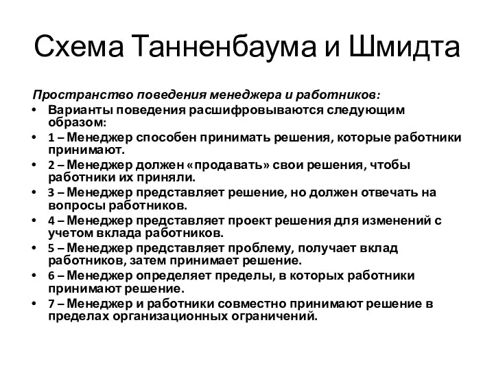 Схема Танненбаума и Шмидта Пространство поведения менеджера и работников: Варианты поведения