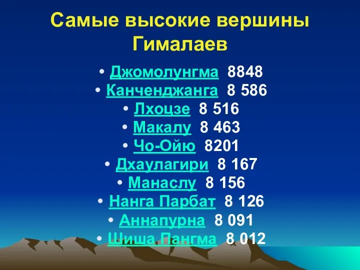 Самые высокие вершины Гималаев Джомолунгма 8848 Канченджанга 8 586 Лхоцзе 8