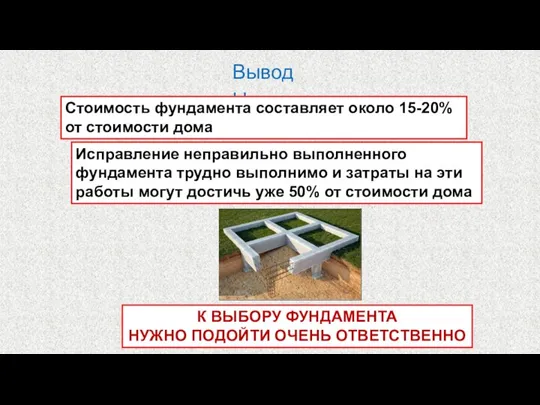 Выводы Стоимость фундамента составляет около 15-20% от стоимости дома Исправление неправильно