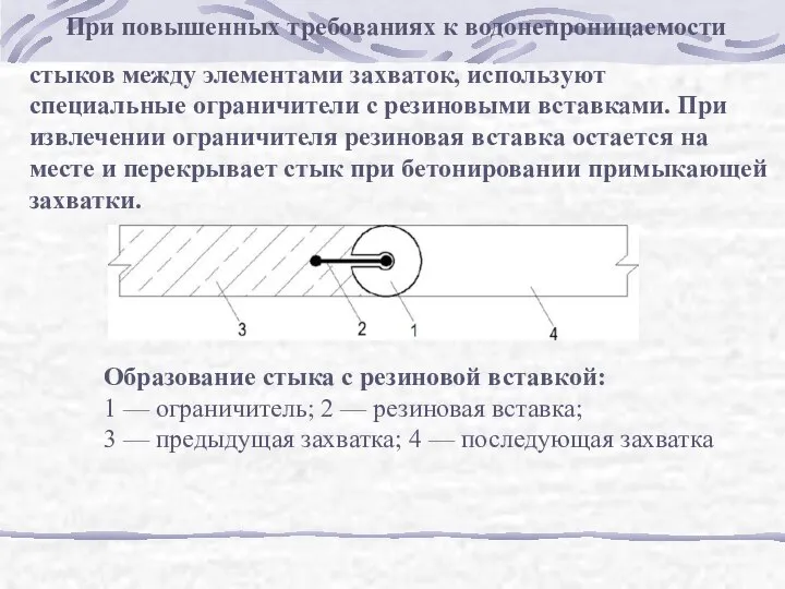 При повышенных требованиях к водонепроницаемости стыков между элементами захваток, используют специальные