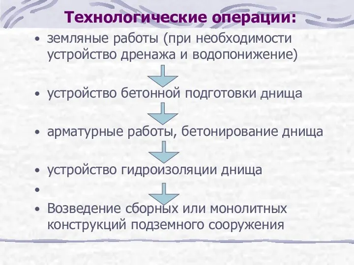 Технологические операции: земляные работы (при необходимости устройство дренажа и водопонижение) устройство