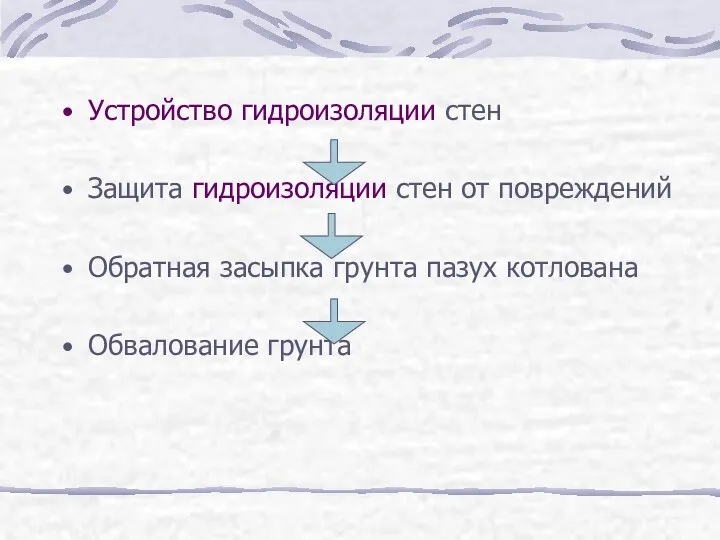 Устройство гидроизоляции стен Защита гидроизоляции стен от повреждений Обратная засыпка грунта пазух котлована Обвалование грунта