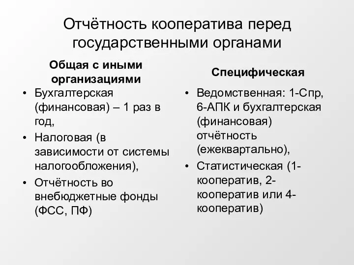 Отчётность кооператива перед государственными органами Общая с иными организациями Бухгалтерская (финансовая)