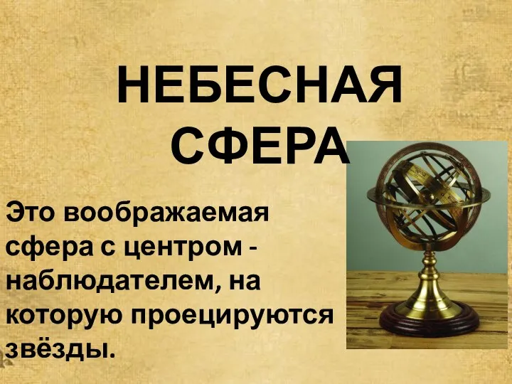 НЕБЕСНАЯ СФЕРА Это воображаемая сфера с центром - наблюдателем, на которую проецируются звёзды.