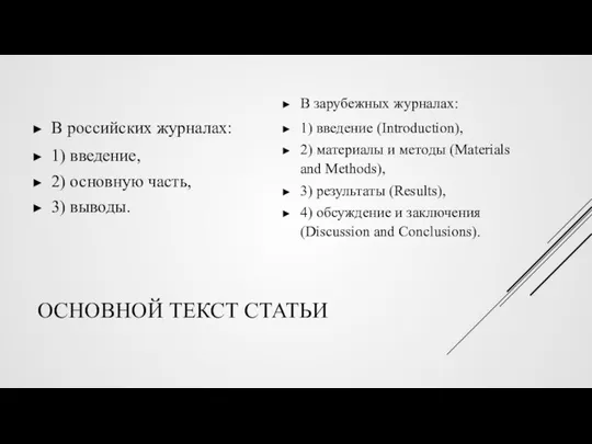 ОСНОВНОЙ ТЕКСТ СТАТЬИ В российских журналах: 1) введение, 2) основную часть,