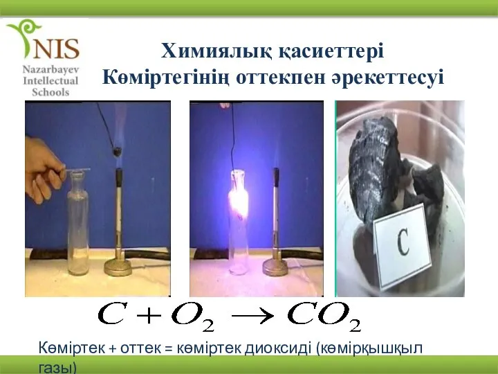 Химиялық қасиеттері Көміртегінің оттекпен әрекеттесуі Көміртек + оттек = көміртек диоксиді (көмірқышқыл газы)