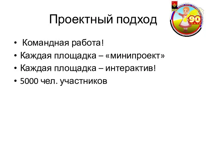 Проектный подход Командная работа! Каждая площадка – «минипроект» Каждая площадка – интерактив! 5000 чел. участников