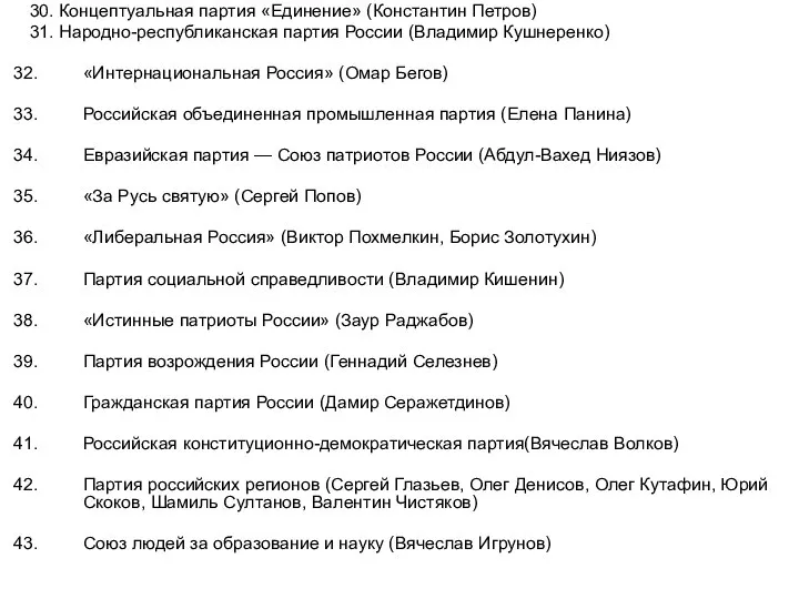 30. Концептуальная партия «Единение» (Константин Петров) 31. Народно-республиканская партия России (Владимир