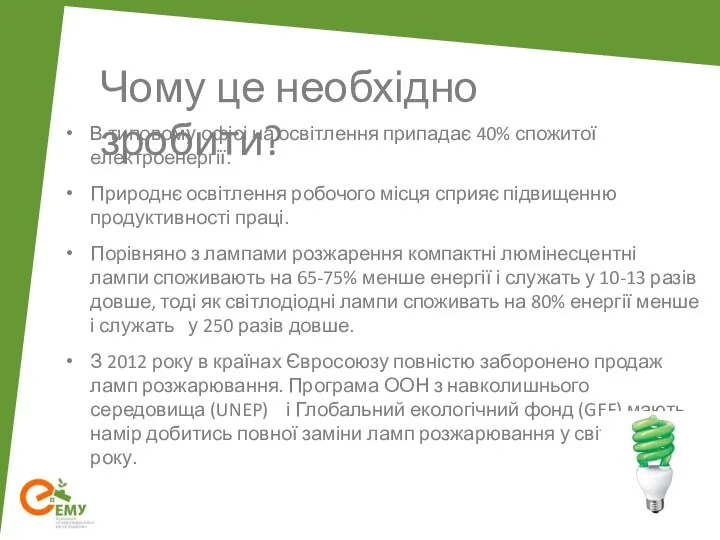 Чому це необхідно зробити? В типовому офісі на освітлення припадає 40%