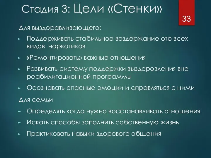 Стадия 3: Цели «Стенки» Для выздоравливающего: Поддерживать стабильное воздержание ото всех