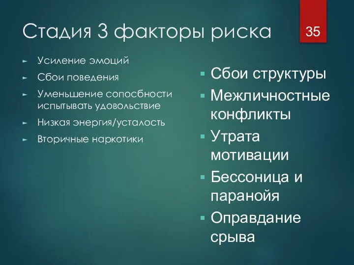 Стадия 3 факторы риска Усиление эмоций Сбои поведения Уменьшение сопосбности испытывать