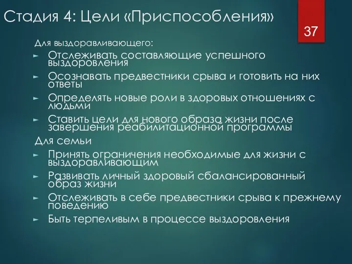 Стадия 4: Цели «Приспособления» Для выздоравливающего: Отслеживать составляющие успешного выздоровления Осознавать