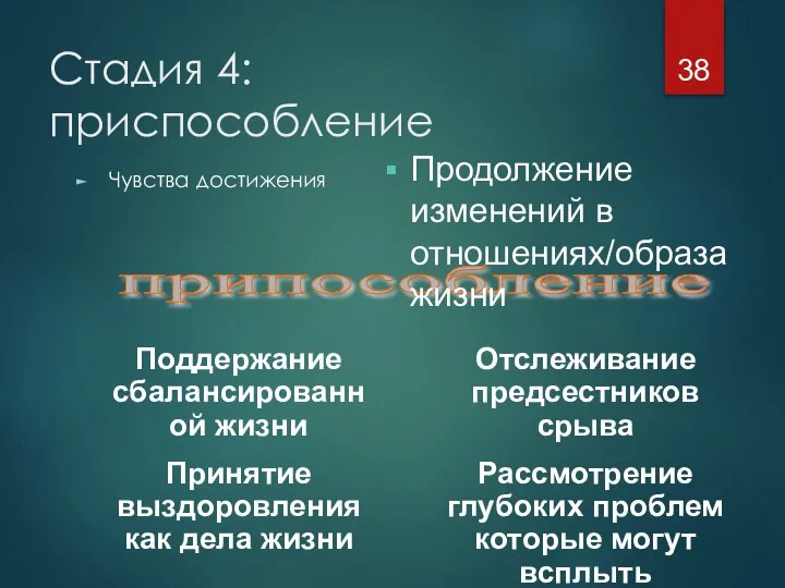 Стадия 4: приспособление Чувства достижения припособление Поддержание сбалансированной жизни Принятие выздоровления