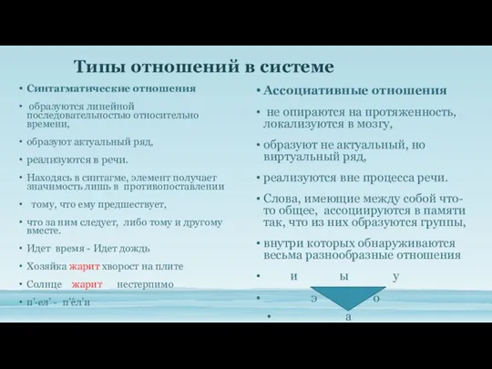 Типы отношений в системе Синтагматические отношения образуются линейной последовательностью относительно времени,