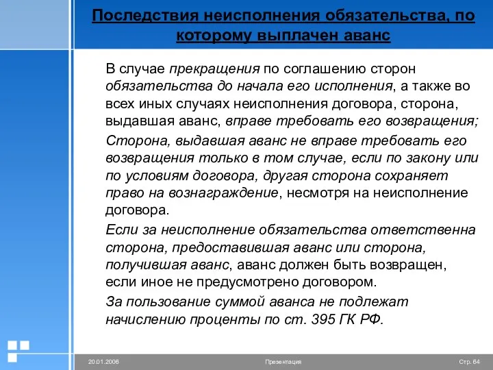 Последствия неисполнения обязательства, по которому выплачен аванс В случае прекращения по