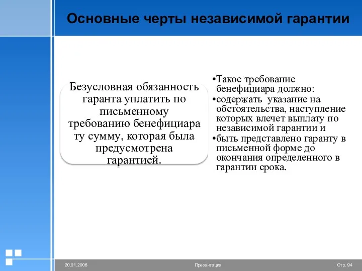 Основные черты независимой гарантии Безусловная обязанность гаранта уплатить по письменному требованию