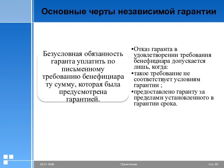 Основные черты независимой гарантии Безусловная обязанность гаранта уплатить по письменному требованию