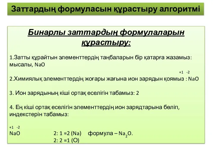 Бинарлы заттардың формулаларын құрастыру: 1.Затты құрайтын элементтердің таңбаларын бір қатарға жазамыз: