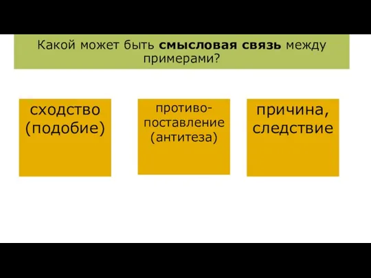 ￼ Какой может быть смысловая связь между примерами? сходство (подобие) противо-поставление (антитеза) причина, следствие