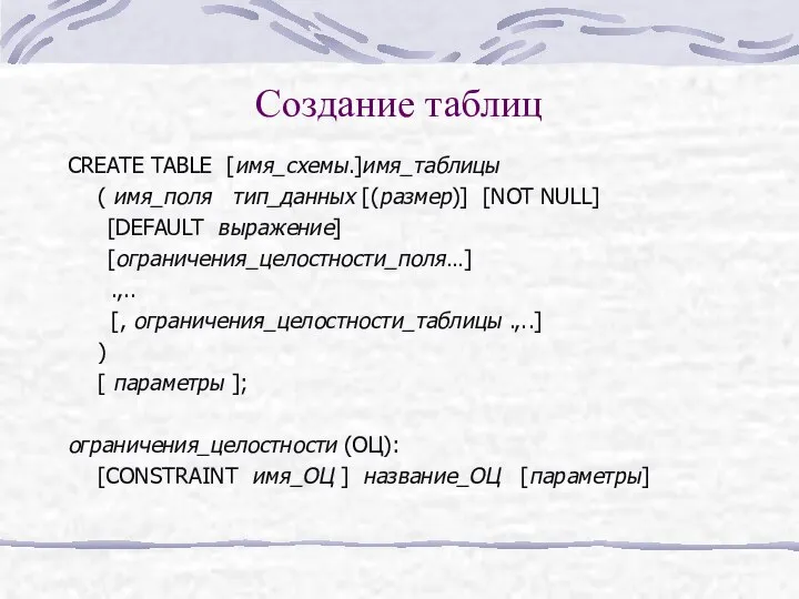 Создание таблиц CREATE TABLE [имя_схемы.]имя_таблицы ( имя_поля тип_данных [(размер)] [NOT NULL]