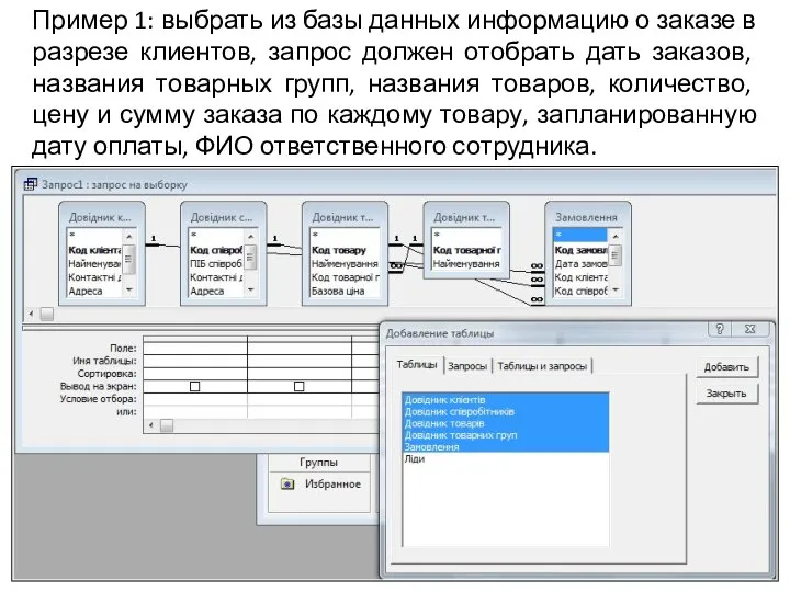 Пример 1: выбрать из базы данных информацию о заказе в разрезе