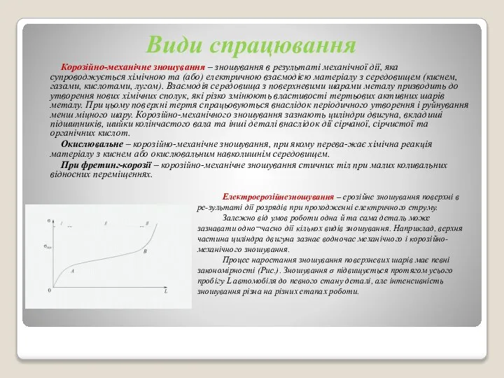 Види спрацювання Корозійно-механічне зношування – зношування в результаті механічної дії, яка