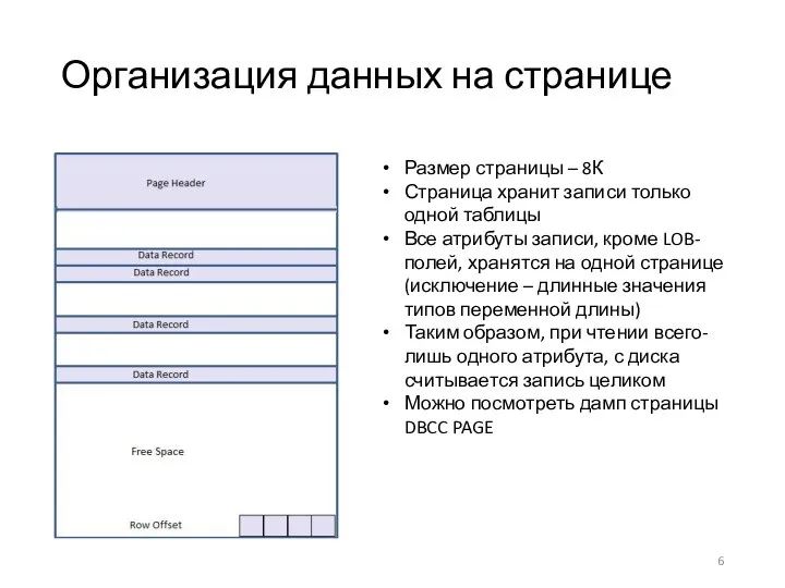 Организация данных на странице Размер страницы – 8К Страница хранит записи