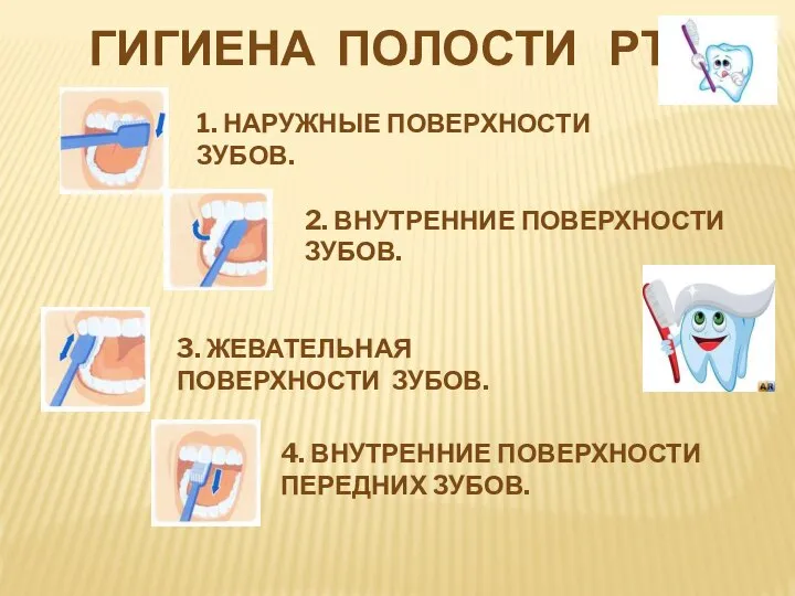 ГИГИЕНА ПОЛОСТИ РТА 1. НАРУЖНЫЕ ПОВЕРХНОСТИ ЗУБОВ. 2. ВНУТРЕННИЕ ПОВЕРХНОСТИ ЗУБОВ.